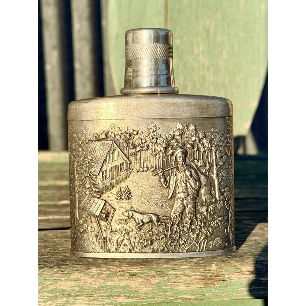 Vintage SKS Zinn Pewter Hip Flask German Hunting Scene "Auf Auf Zum Jagen" 95%